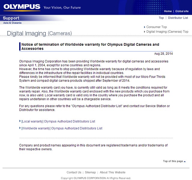 奥林巴斯正式取消全球联保服务