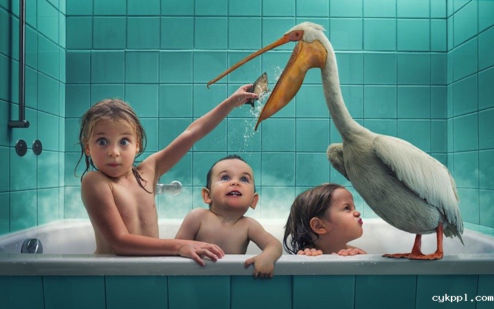 逗比父亲为孩子拍摄的梦幻场景