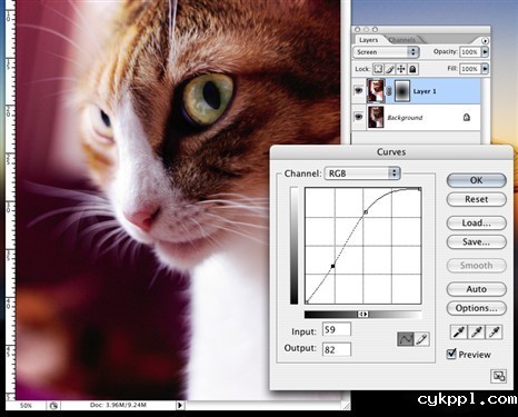 这里就很自由了，可以在图层选项里选择屏幕Screen，叠加Overlay，
